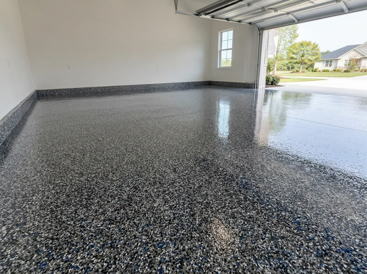 Garage after a glossy blue, gray, white and black flake floor coating